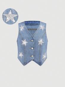 SHEIN Girlism Tween Girls' Casual Sleeveless Denim Vest Jacket With Star Pattern Sequin Decoration For Spring Summer Beach Vacation Outfits - Medium Wash - View 1