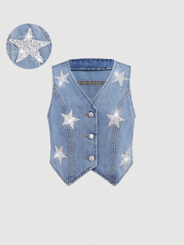 SHEIN Girlism Tween-Mädchen Lässige ärmellose Jeansweste mit Sternenmuster und Paillettenverzierung für Frühlings-, Sommer-, Strand- und Urlaubsoutfits