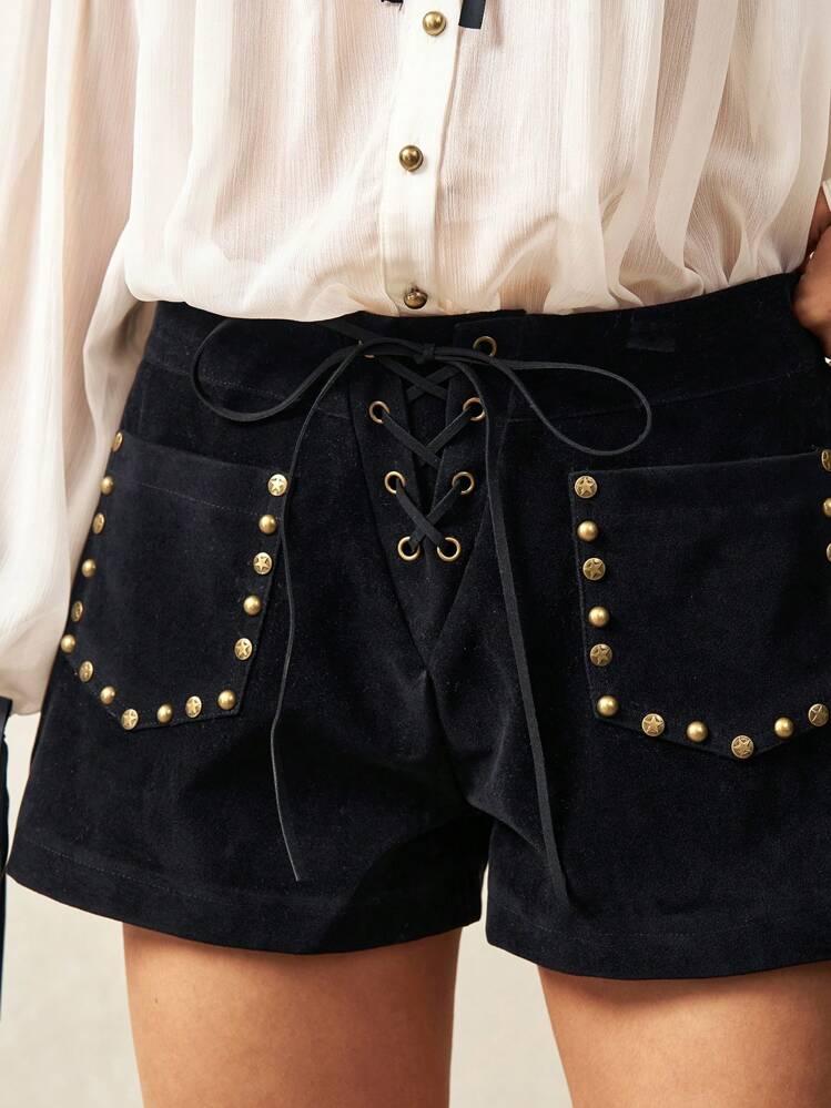 Bohemela BOHO Hippie Studded Detail Lace Up Waist Suedette