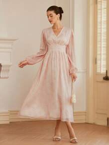 GENKIRA Jacquard Lantern Sleeve Overlap Collar Dress Elegant FashionableOld Money Style For Spring Fall - Multicolor - View 2