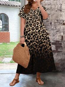 EMERY ROSE Women's Plus Size Casual Simple V-Neck Short-Sleeved Long Dress Suitable For Summer,Spring Break Outfits Suitable For Going Out Leopard Print Chic Dress - Multicolor - View 3