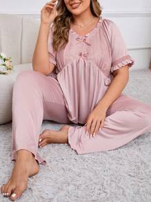 Lace Panel Plus Size Women's Bow Decorated Short Sleeve Top And Pants Pajama Set