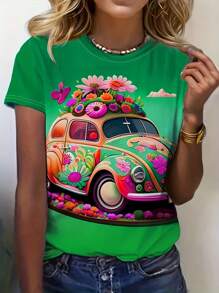 SHEIN Summer Round Neck Car Print Tee Graphic Tees Women Tops