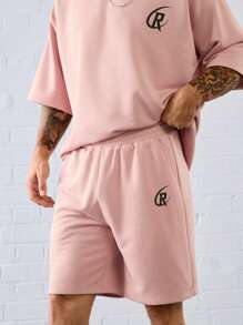 Manfinity VCAY 2pcs Unisex Street Graphic Print Loose Dropped Shoulder Short Sleeve T-Shirt And Straight Shorts Set, Suitable For Everyday Wear - Pink - View 4