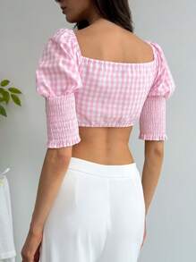 Aloruh Women's Check Tie Puff Sleeve Cropped Shirt - Pink - View 2