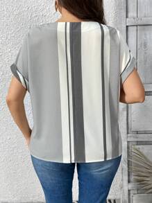 EMERY ROSE Plus Size Women Retro Casual Asymmetrical Striped Patchwork Print Wood Button Decor Shirt - White - View 2