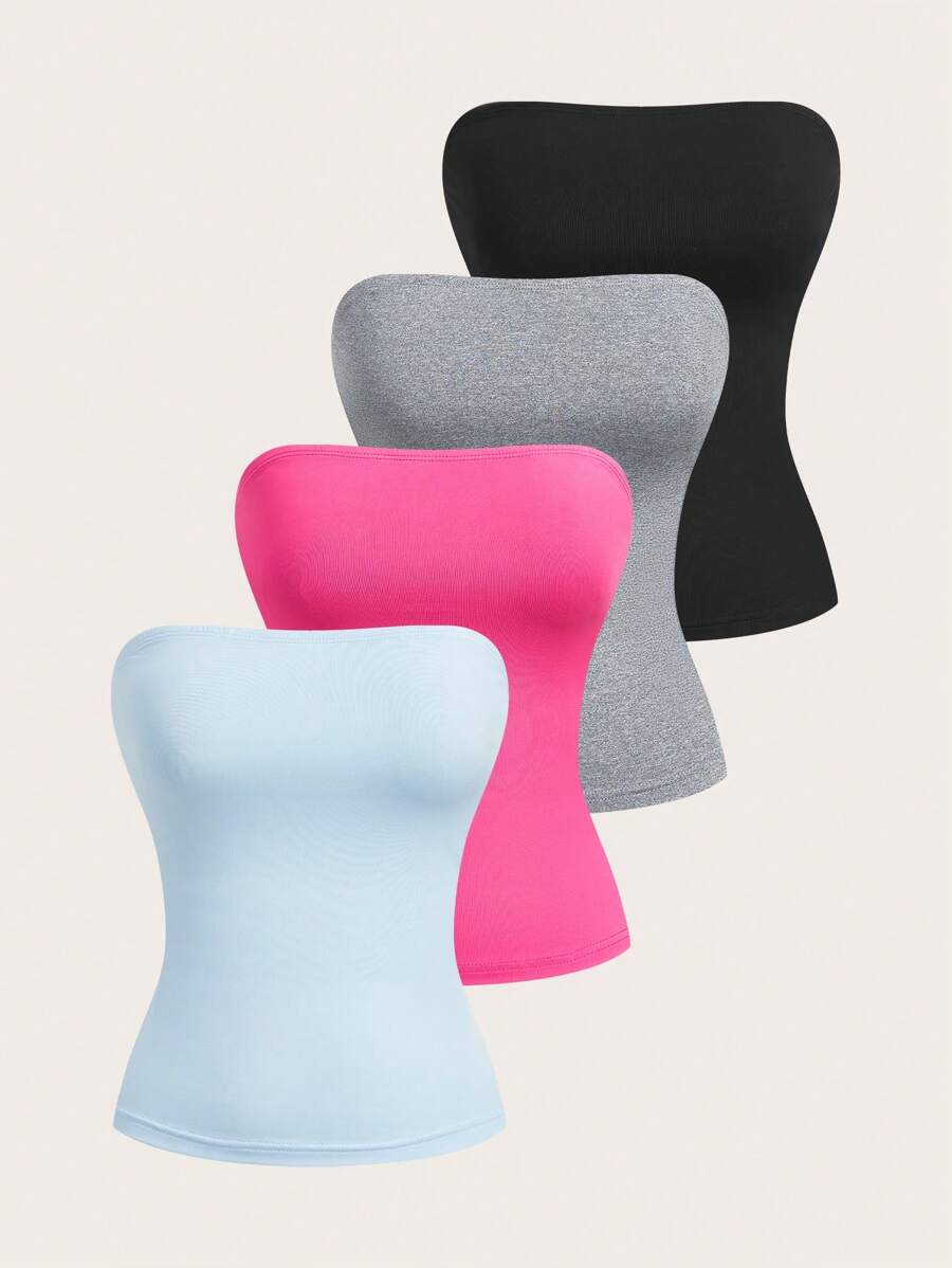 SHEIN EZwear 4pcs Casual Simple Solid Color Tube Tops - Multicolor - View 1