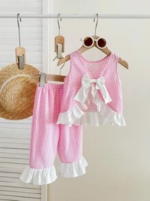 SHEIN LMoss Kids Baby Girl Summer Cute Pink Plaid Color Matching Ruffled Top Elastic Waist Trousers Suit - Pink - View 6