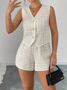 Elenzga Eleganter Damen-Hosenanzug in Große Größen mit V-Ausschnitt, ärmellos, mit schlankmachendem strukturiertem Tweed-Shorts