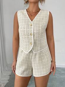 Elenzga Eleganter Damen-Hosenanzug in Große Größen mit V-Ausschnitt, ärmellos, mit schlankmachendem strukturiertem Tweed-Shorts