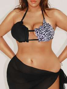 SHEIN Swim Plus Size Sexy Patchwork Leopard Print Lace-Up Bikini Top, Suitable For Beach, Summer Vacation - Multicolor - View 5
