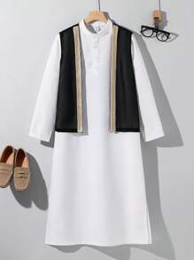 SHEIN Leap Crew Tween Boy Contrast Tape Vest & Split Hem Robe