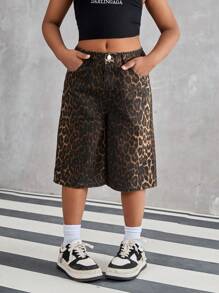 SHEIN Pantalones anchos de pierna ancha recortados con estampado de leopardo suelto y estilo retro para niña preadolescente en verano