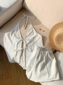 Comfortcana White Woven Women's Tie Front Halter Tank And Shorts Leisure Set - White - View 4