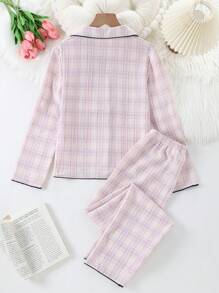 2pcs/Set Spring Tween Girls Beige Plaid Print Long Sleeve Top And Pants Casual Loungewear Set - Multicolor - View 2