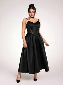 SHEIN X LOS FAVORITOS DE LA FATSHIONISTA SHEIN ICON Plus Size Bustier Bodice Lace Panel Super Long A-Line Dress, Suitable For Weddings Summer - Black - View 5