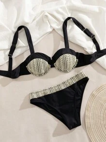 SHEIN Swim 2 件性感复古网眼拼色软杯可调节肩带比基尼泳装，适合春假和夏季海滩度假 - 彩色 - 查看 7