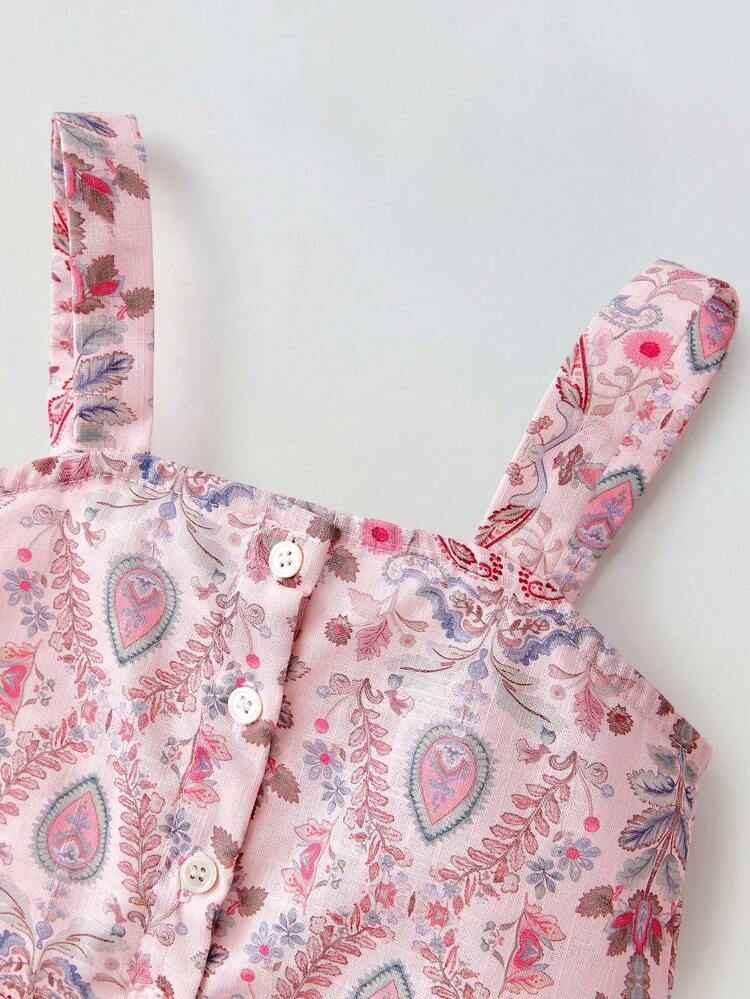 Young Girl Floral Retro Print Adjustable Strap Layered Ruffle Hem Short Dress, Fashion Vintage For Outdoor, Home, School, Vacation, Boho Style Two Pieces Set, Spring/Summer Floral Holiday Outfits