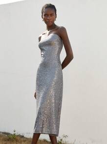 Aveloria 优雅复古派对抹胸腰部亮片面料银色长款女式连衣裙 - 灰色 - 查看 1