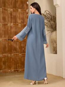 Al Najma Women's Geometric Embroidered Long Sleeve Sweetheart Neck Elegant Arabic Style Dress, Kaftan & Jalabiya - Dusty Blue - View 2