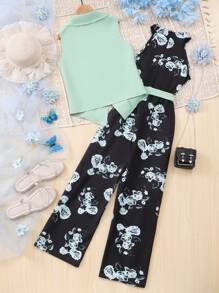 SHEIN Tween Girl 2 Pieces Set: Olive Green Top Vest Matched With Black Base Rose Digital Printed Jumpsuit - Olive Green - View 2