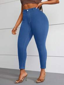 SHEIN Essnce Jeans ajustados de cintura alta casual y desgastados para mujer - Lavado ligero - Ver 2