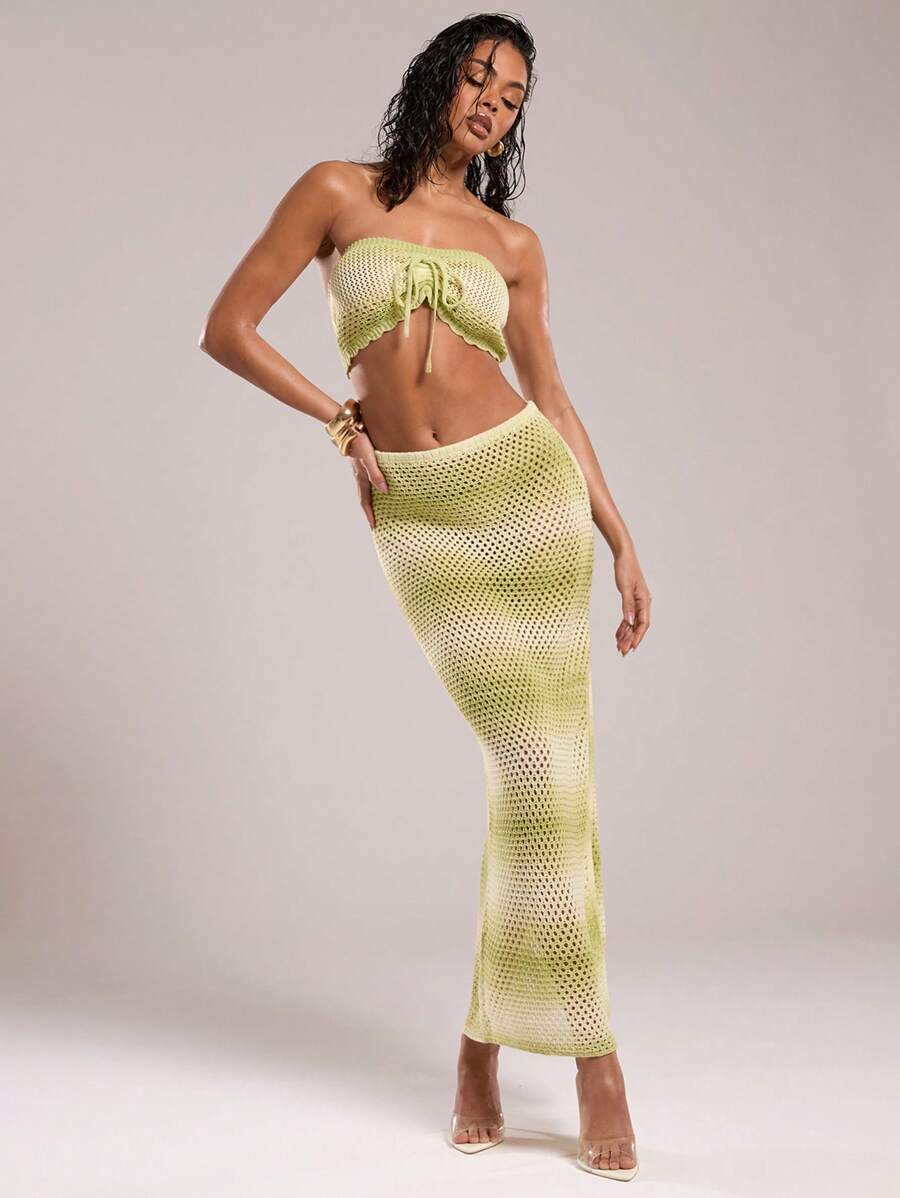 SHEIN BAE Women's Vacation Beach Gradient Side Slit Hollow Out Knit Skirt - Multicolor - View 1