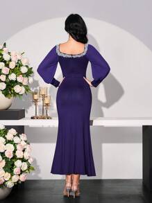 Modelyn Women's Elegant Dress With Lantern Sleeves, Lace Trim & Fishtail Hem - Purple - View 2