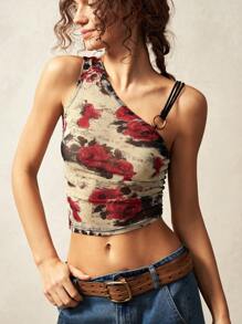 Bohemela Top de mode féminin imprimé floral asymétrique sans manches pour villégiature