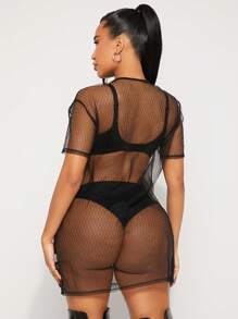 SHEIN SXY 春夏音乐摇滚节街头休闲洋气波西米亚BOHO VACAY黑色全透视网眼oversize短袖长款女T恤上衣 - 黑色 - 查看 2