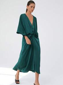 Aveloria Modichic Dark Green Elegant And Comfortable Satin Texture Loose Deep V-Neck Pleated Waist Mid-Length Sleeve Midi Ladies Long Dress