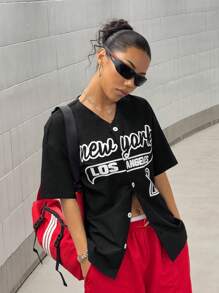 StreetHx Oversized Women Casual Solid Color & Contrast Print Short Sleeve Button Down Shirt - Black - View 4