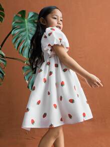 SHEIN Young Girls' Sweet Cherry Print Puff Sleeve Dress, Summer - Multicolor - View 4