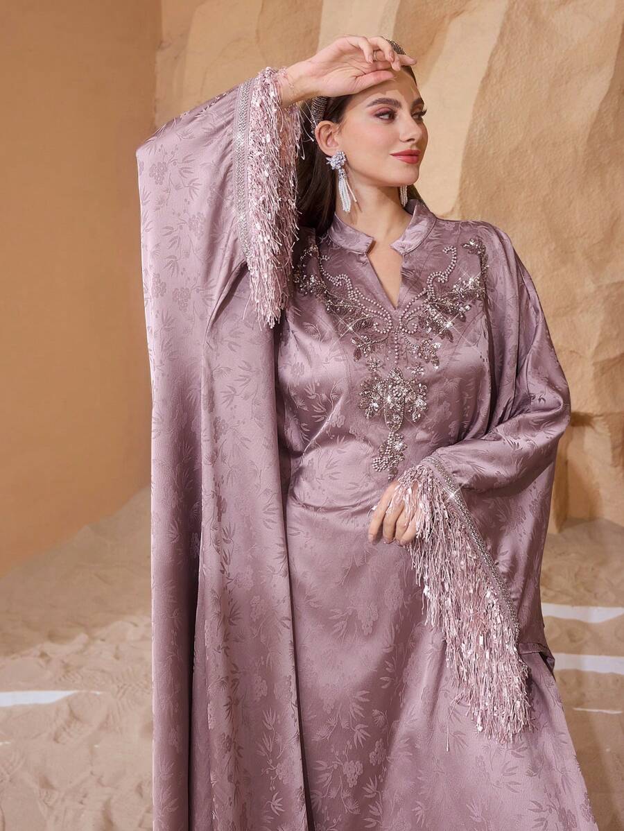 Layrah Váy nữ sang trọng thêu ngọc trai, tua rua, rộng rãi thanh lịch, sang trọng, kaftan & jalabiya, váy dạ hội sang trọng cho phụ nữ, khiêm tốn - Hồng - Xem 1