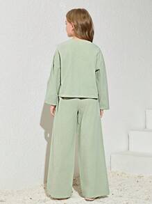 Easowa Tween Girl Bow Front Drop Shoulder Top & Wide Leg Pants - Green - View 7