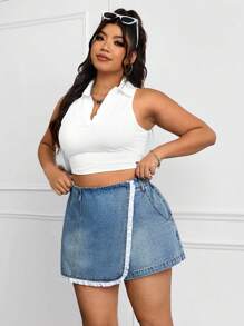 SHEIN EZwear Culotte vaquero casual con volantes para mujer de tallas grandes - Azul lavado medio - Ver 4
