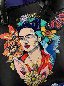 Frida Kahlo X SHEIN 1pc Women's Fashion Commuter Floral & Figure Graphic Handbag, Long Shoulder Strap Crossbody