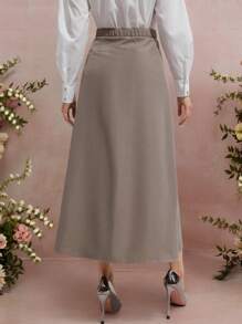 Modelyn Women Plain Color Pocket Button Simple Casual Skirt - Khaki - View 6