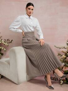 Modelyn Women Plain Color Pocket Button Simple Casual Skirt - Khaki - View 7
