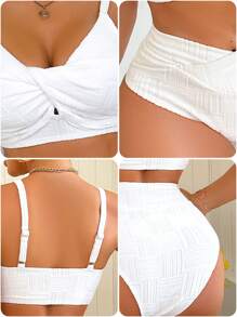 Voyashape Solid Color Textured Adjustable Strap High Waist Bikini Set, Summer Beach Vacation - White - View 7