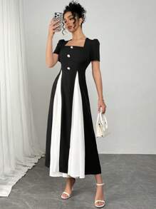 Modelyn Square Neck Flare Dress, Contrast Black & White Design, Flattering Silhouette - Black and White - View 5