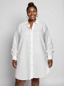 SHEIN CURVE+ Plus Size White Shirt Style Work Dress For Women, Spring - White - View 1