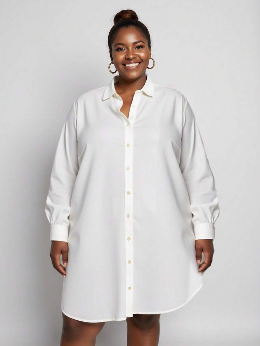 SHEIN CURVE+ Plus Size White Shirt Style Work Dress For Women, Spring - White - View 1