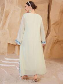 Al Najma Plus Size Embroidered Arabic Long Sleeve Round Neck Long Kaftan Dress,Modest - Apricot - View 2