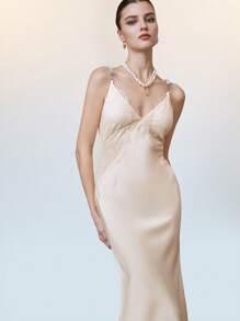SHEIN LUNE Women's French Style Lace Faux Silk Blend Diamond Strap Sexy Fitted Deep V-Neck Maxi Fishtail Dress, Suitable For Party Spring/Summer - Champagne - View 3