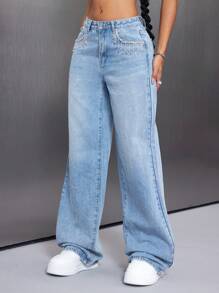 SHEIN ICON Women's Fringed Rhinestone Design Pocket Wide-Leg Casual Jeans - Medium Wash - View 5