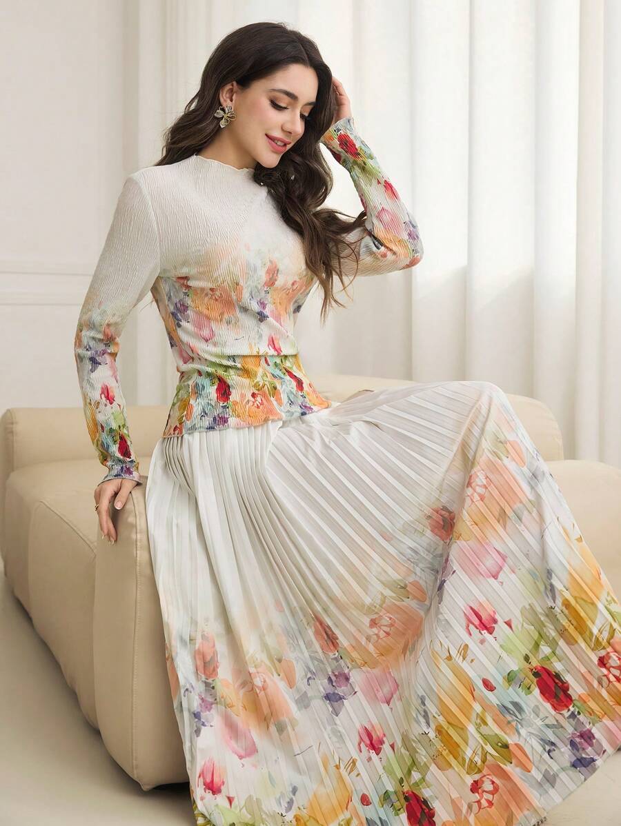 Modelyn 2 chiếc/bộ váy dài tay in họa tiết hoa sơn dầu hiệu ứng xếp ly xòe viền đơn giản cho nữ - Màu vàng - Xem 1