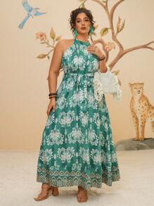 Travachic Vestido largo de camiseta de lino estilo bohemio, casual y retro, de talla grande, con estampado tropical para vacaciones en la playa para damas - Verde - Ver 5