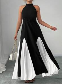 Elenzga Vestido midi con cintura asimétrica, corte en A y espalda descubierta de elegancia francesa para mujer talla grande - Negro - Ver 1
