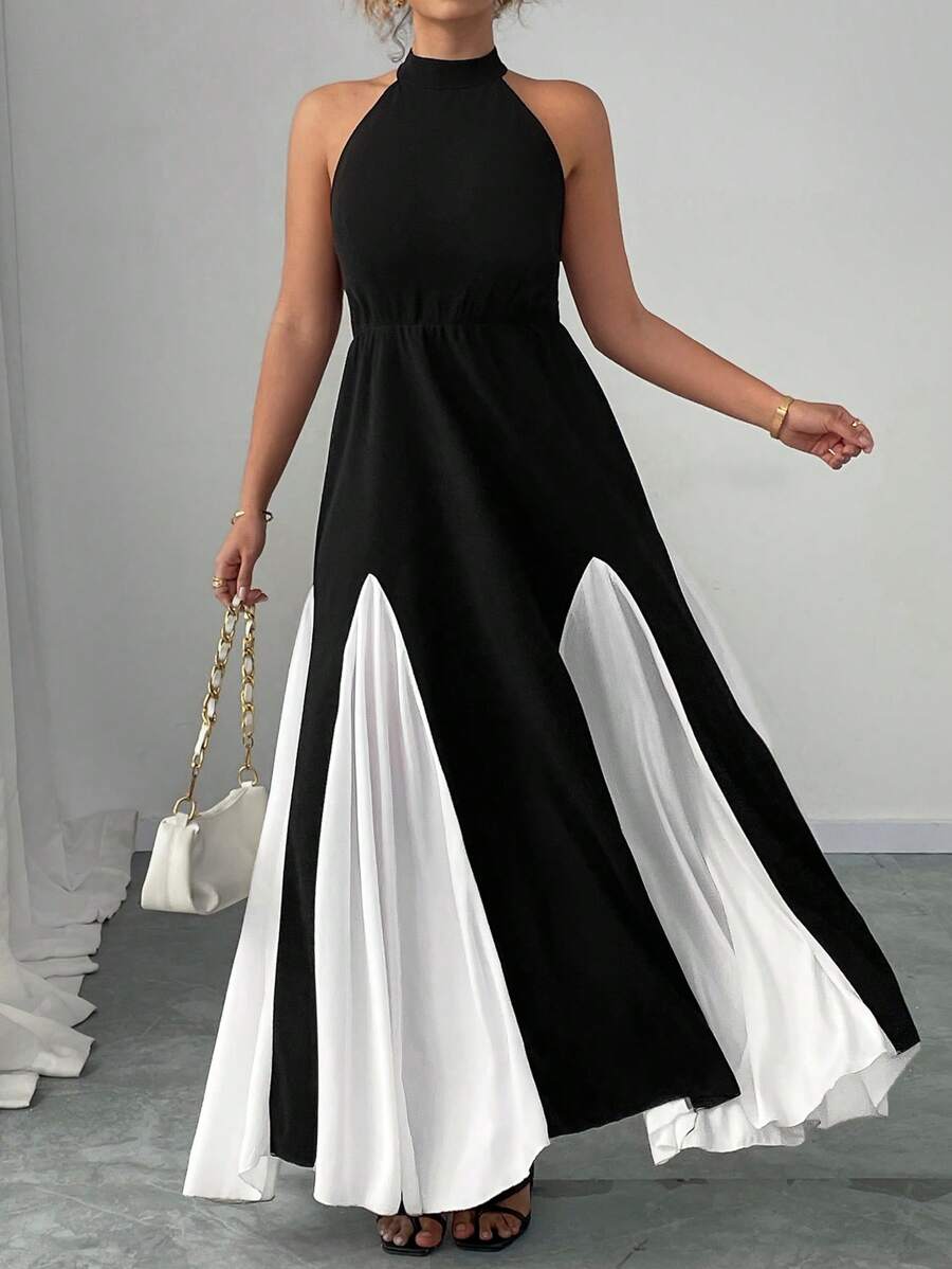 Elenzga Vestido midi con cintura asimétrica, corte en A y espalda descubierta de elegancia francesa para mujer talla grande - Negro - Ver 1